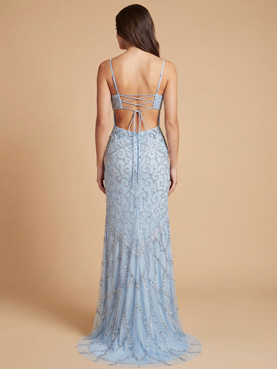 Embellished Gown with Slit And Low Back - JUSTLUXURY