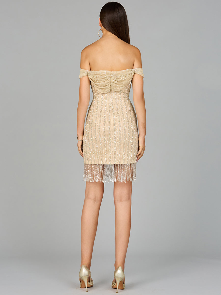 Off Shoulder Fringe Wrap Dress - JUSTLUXURY
