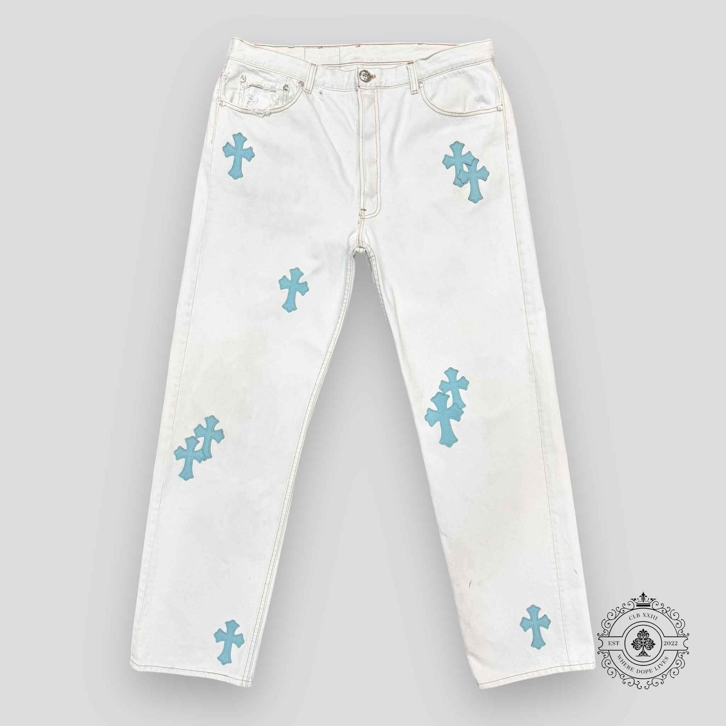Chrome Hearts Cross Patch Jeans in White / Blue