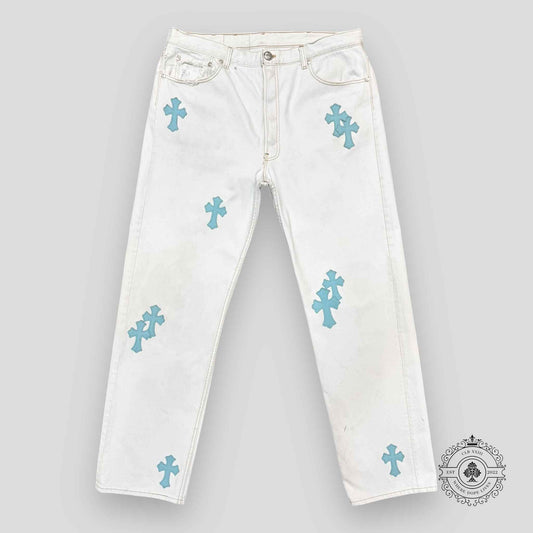 Chrome Hearts Cross Patch Jeans in White / Blue