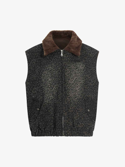 Vintage Leopard Print Fleece Zip Up Vest