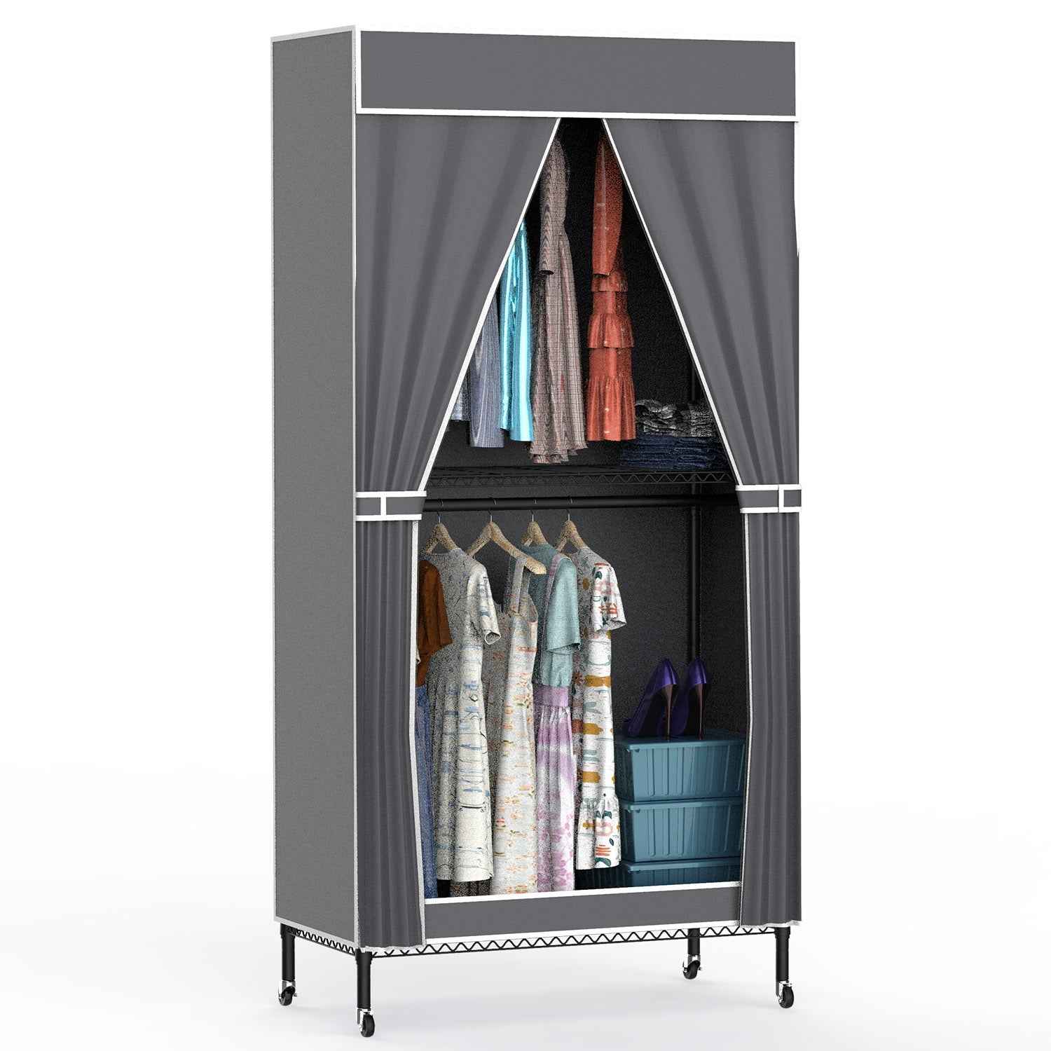 2 Tier Clothing Rack With Cover Portable Wardrobe Closet Covered Garment Rack with 4 Wheels 2 Hanging Rods 2 Hook Racks 35.43x17.13x72.44in