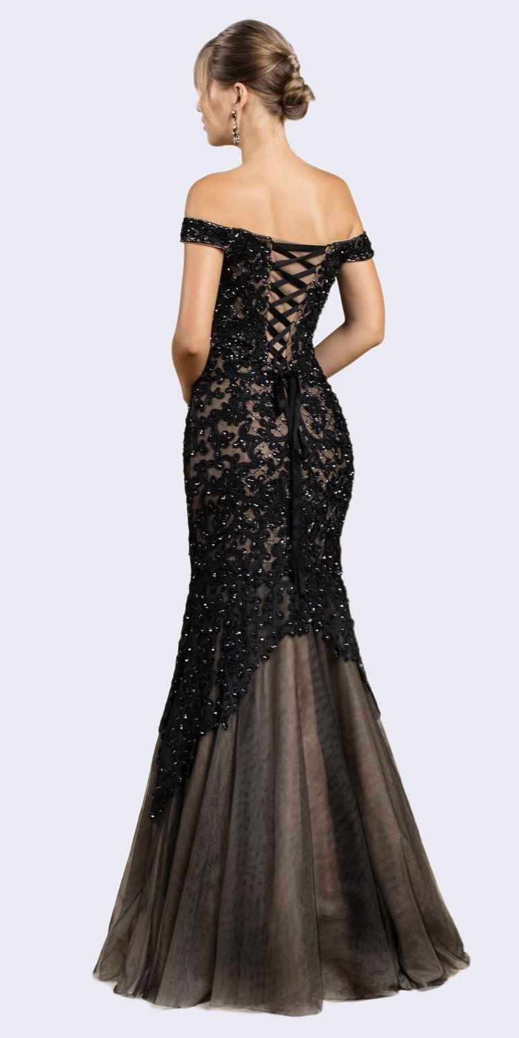 Cinderella Divine A0401 Off-Shoulder Mermaid Dress Lace Overlay Tulle Skirt
