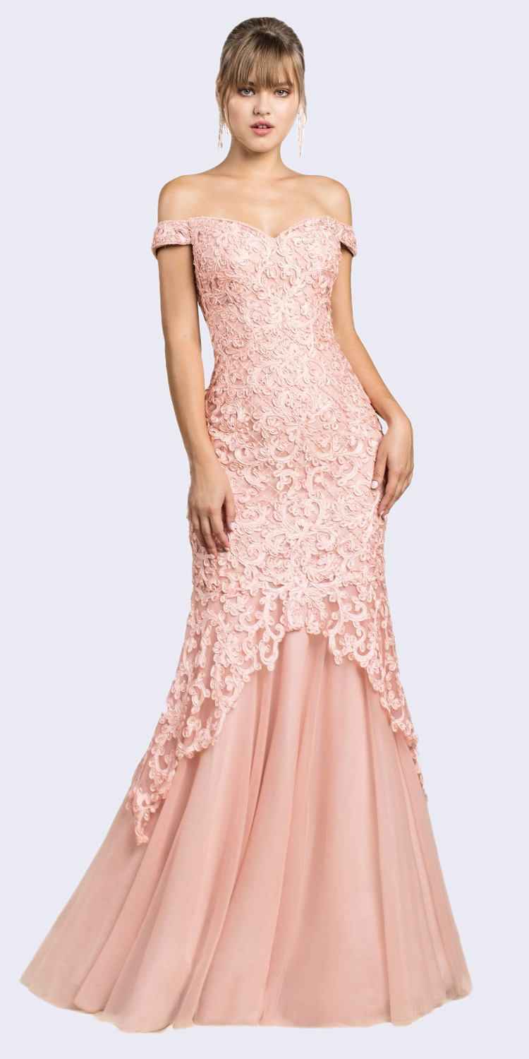 Cinderella Divine A0401 Off-Shoulder Mermaid Dress Lace Overlay Tulle Skirt