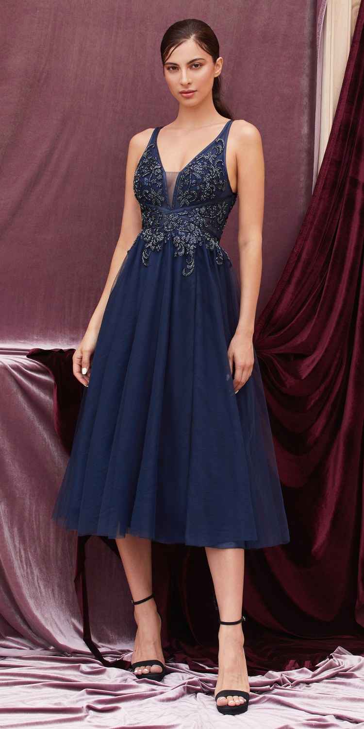 Andrea & Leo A0762s Appliqued Bodice Tea-Length Dress