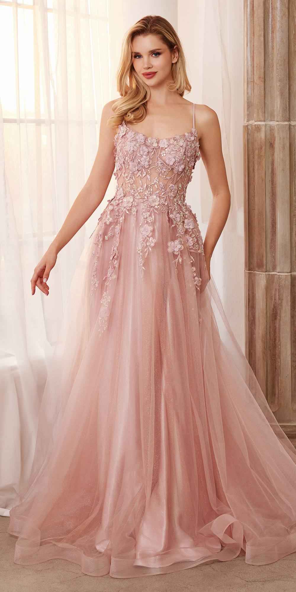 Andrea & Leo A1142 Floor Length Floral Applique A-Line Tulle Gown