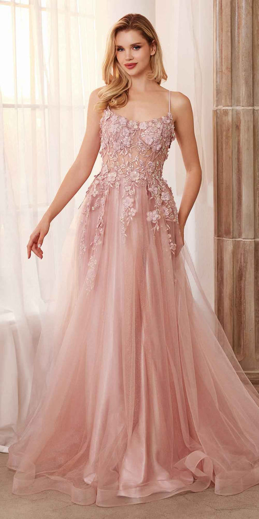Andrea & Leo A1142 Floor Length Floral Applique A-Line Tulle Gown
