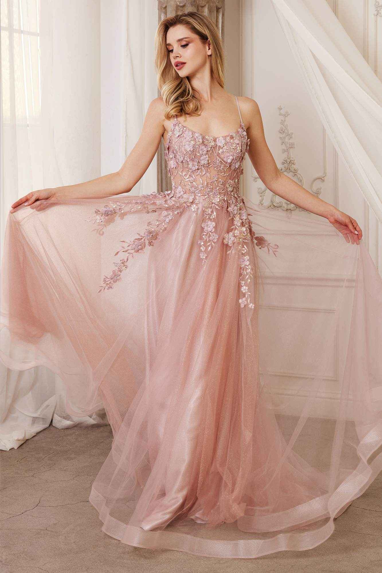 Andrea & Leo A1142 Floor Length Floral Applique A-Line Tulle Gown