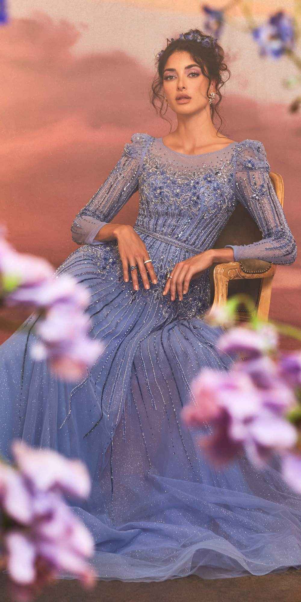 Andrea & Leo A1167 Floor Length Azurite Beaded Long Sleeve A-Line Gown