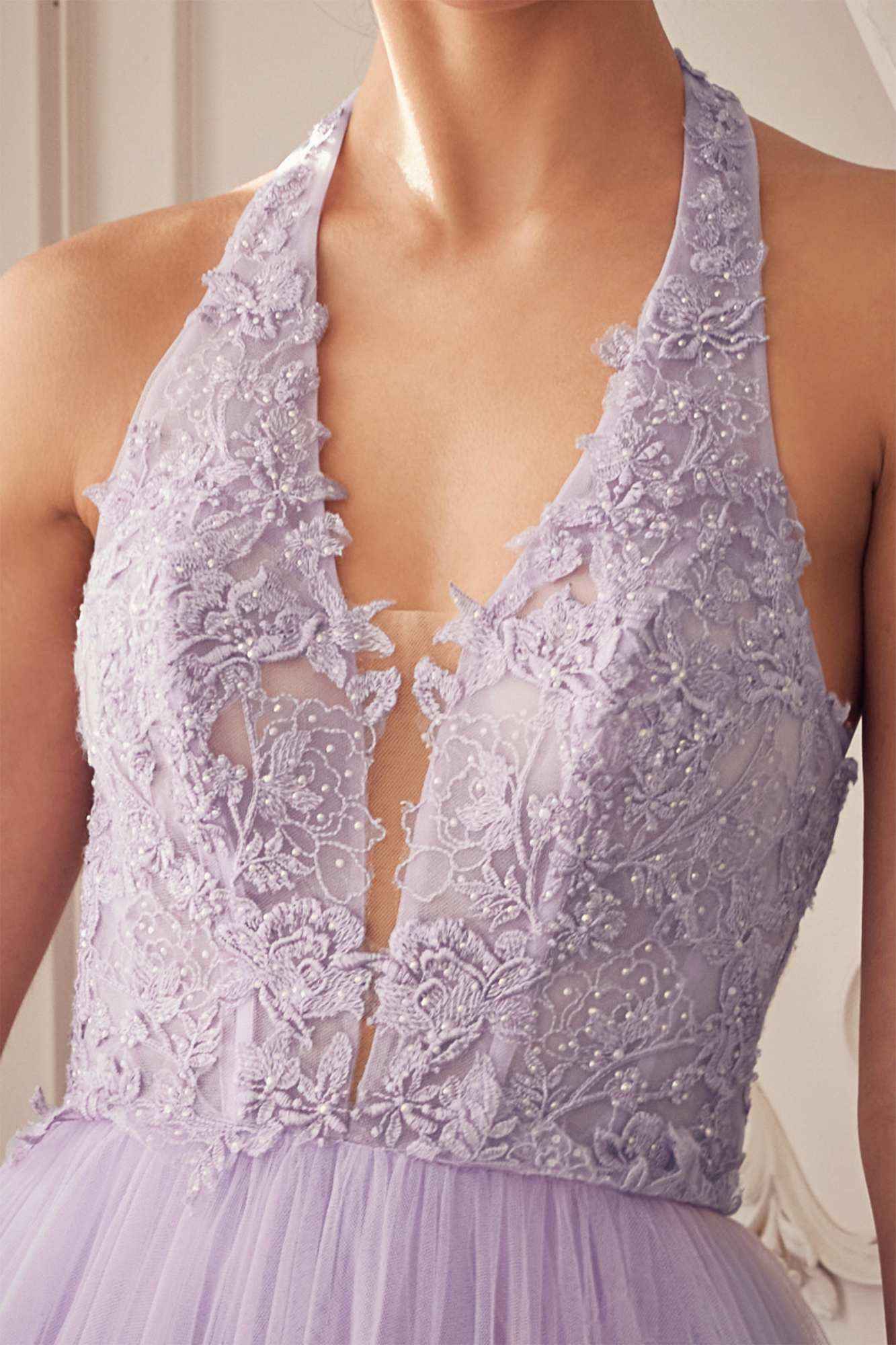 Andrea & Leo A1206 Long A-Line Garden Lace Halter Gown With Tier Skirt