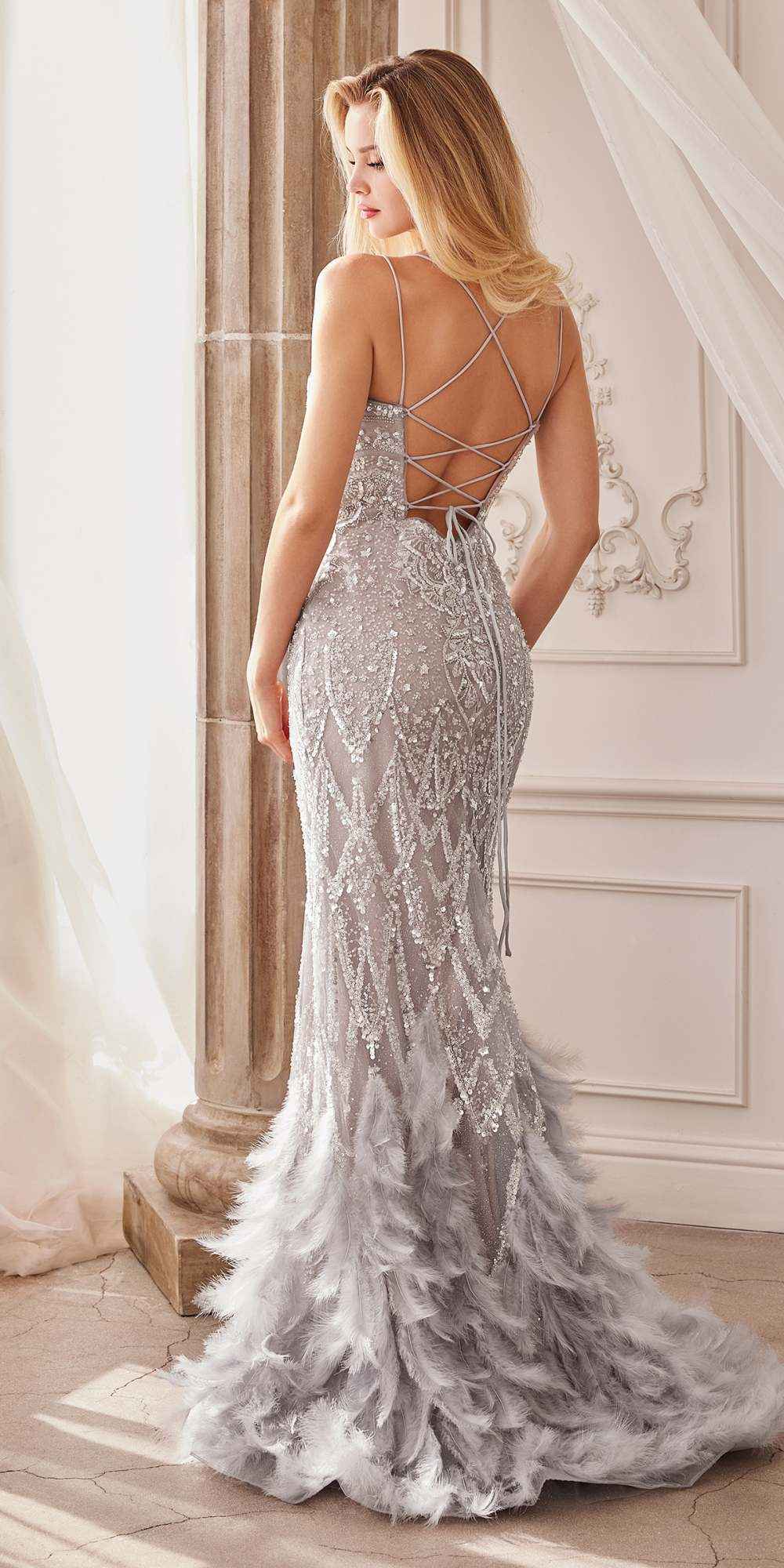 Andrea & Leo A1229 Long Fitted Feather and Bead Embellished Mermaid Gown