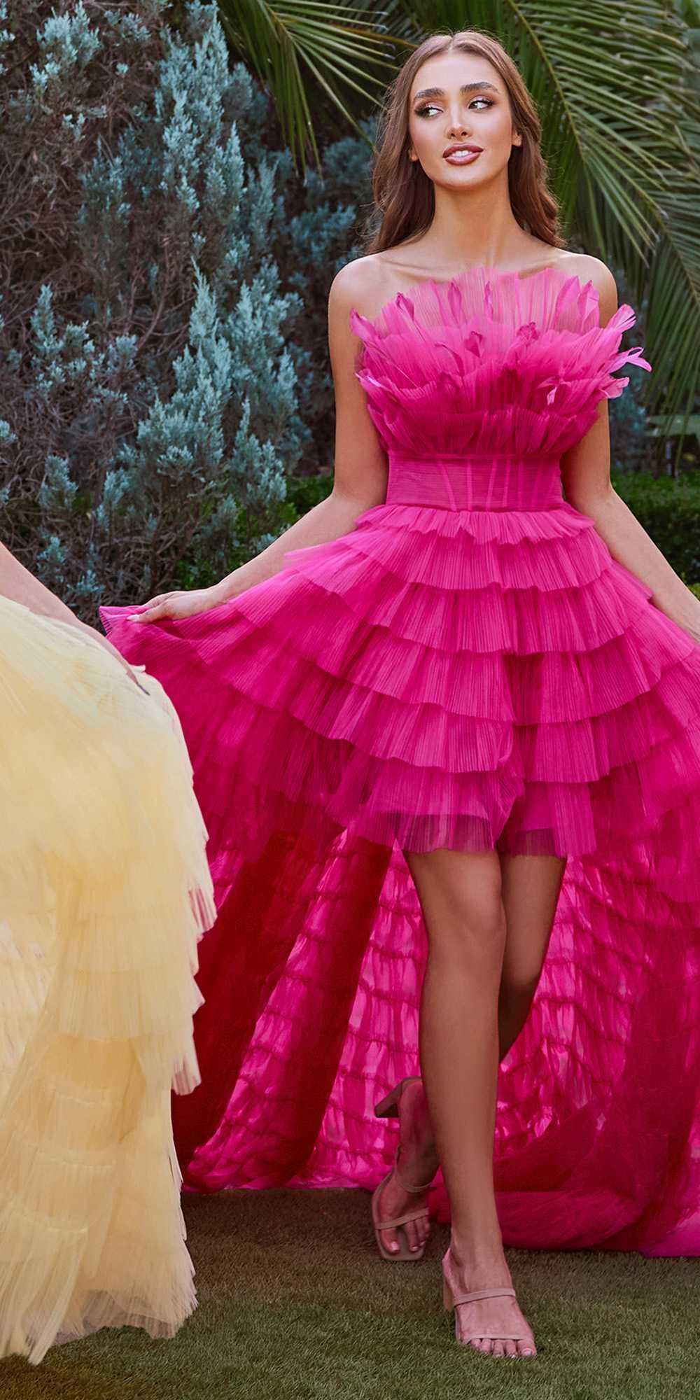 Andrea & Leo A1240 High-Low Ruffled Tiered Tulle Gown Feather Details