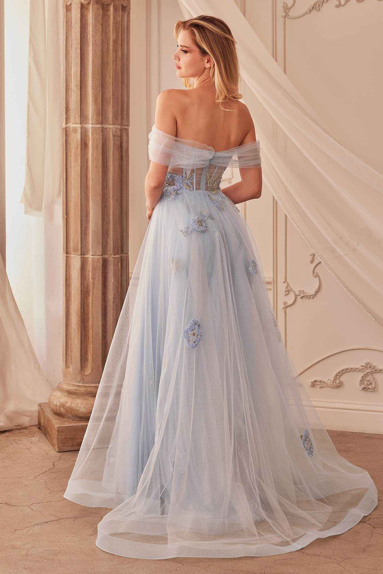 Andrea & Leo A1246 Long Off the Shoulder Floral Applique Tulle Ball Gown