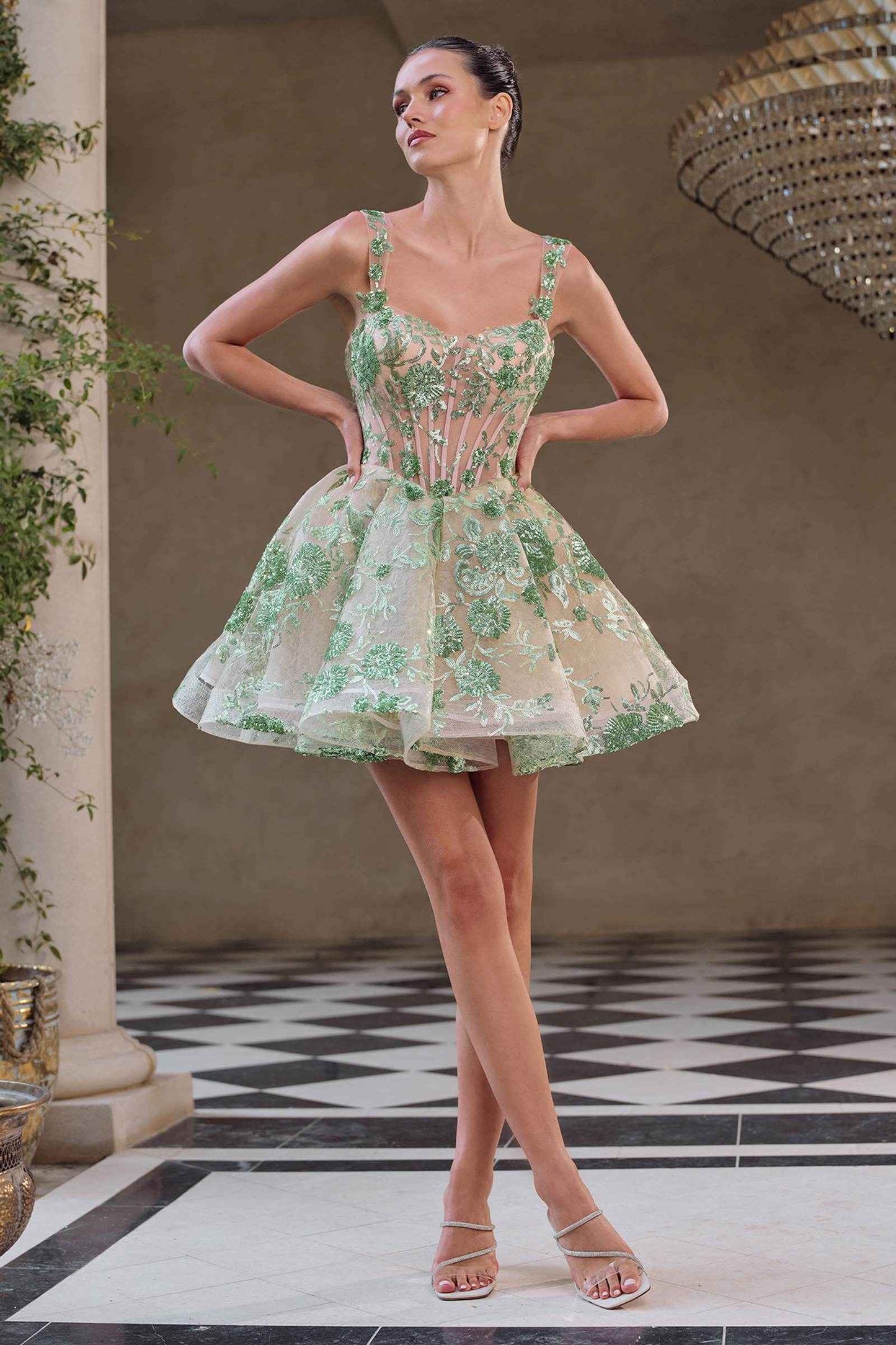 Andrea & Leo A1347 Short Sequin Floral Print A-Line Dress