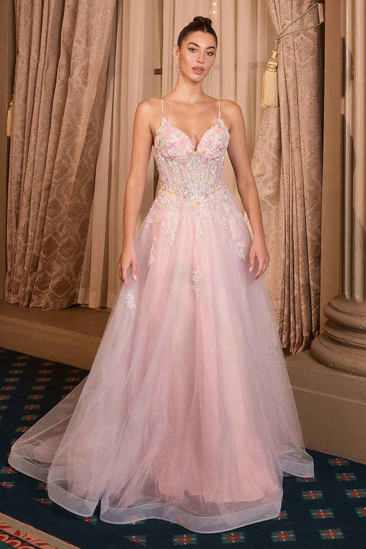 Andrea & Leo A1477 Deep V-Neck Floral Print Applique A-Line Ball Gown