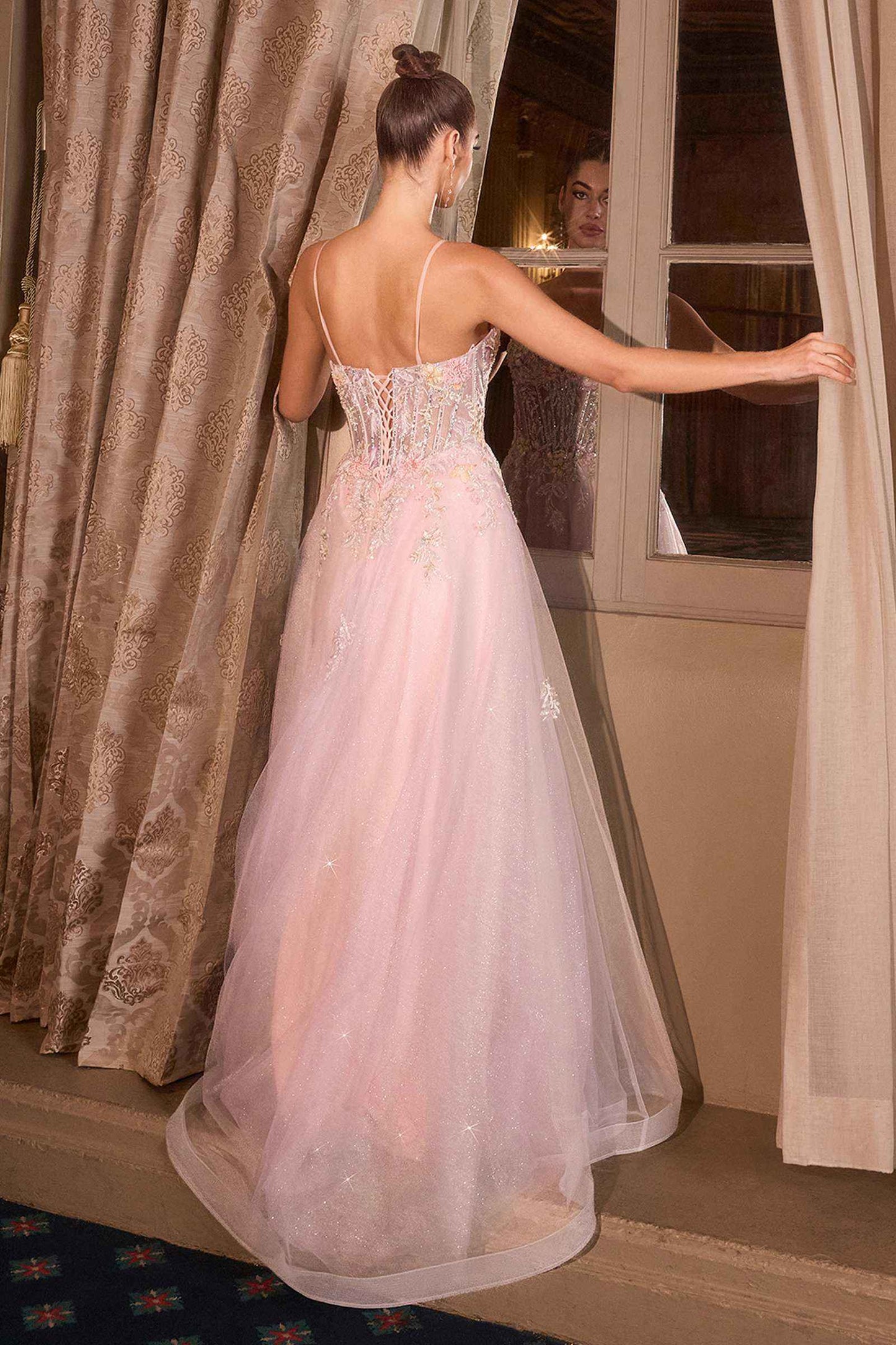 Andrea & Leo A1477 Deep V-Neck Floral Print Applique A-Line Ball Gown
