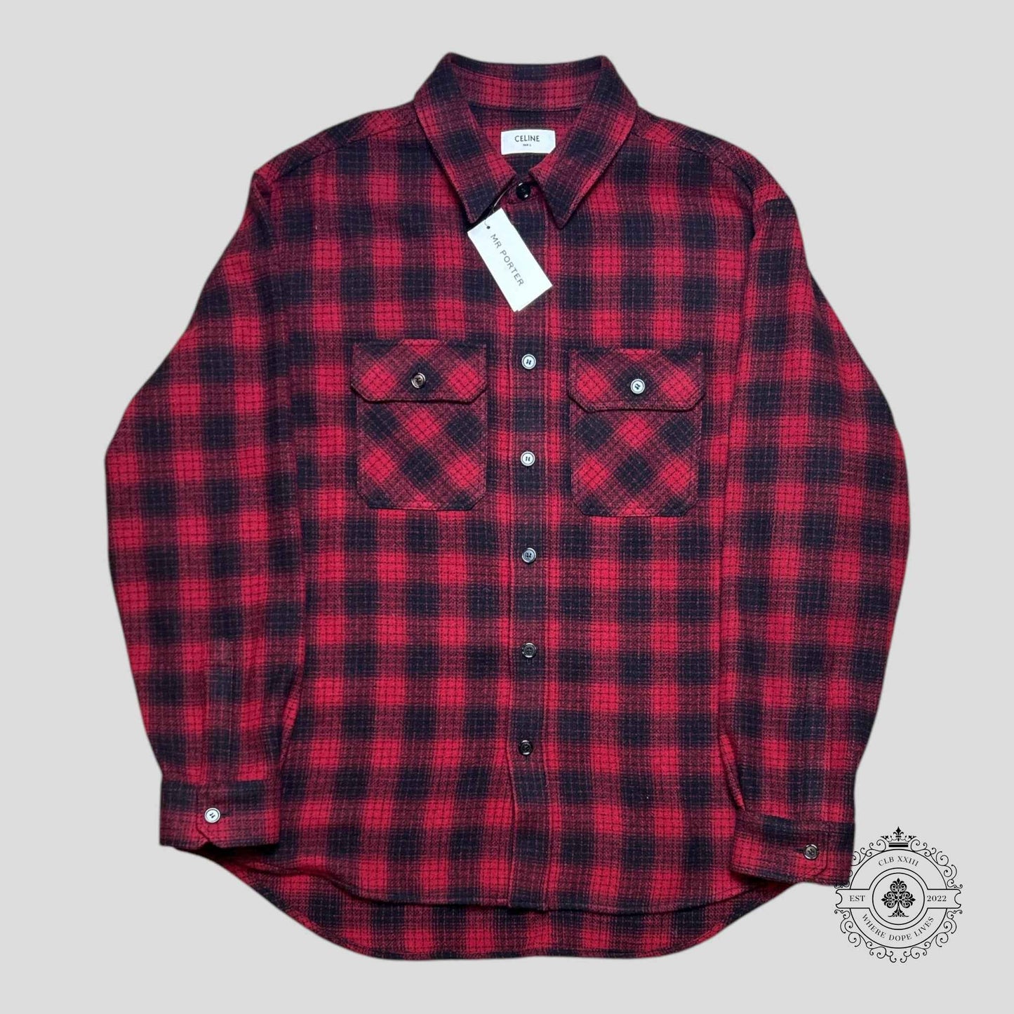 Celine Heavy Wool Flannel Oversized Shirt in Red/Black