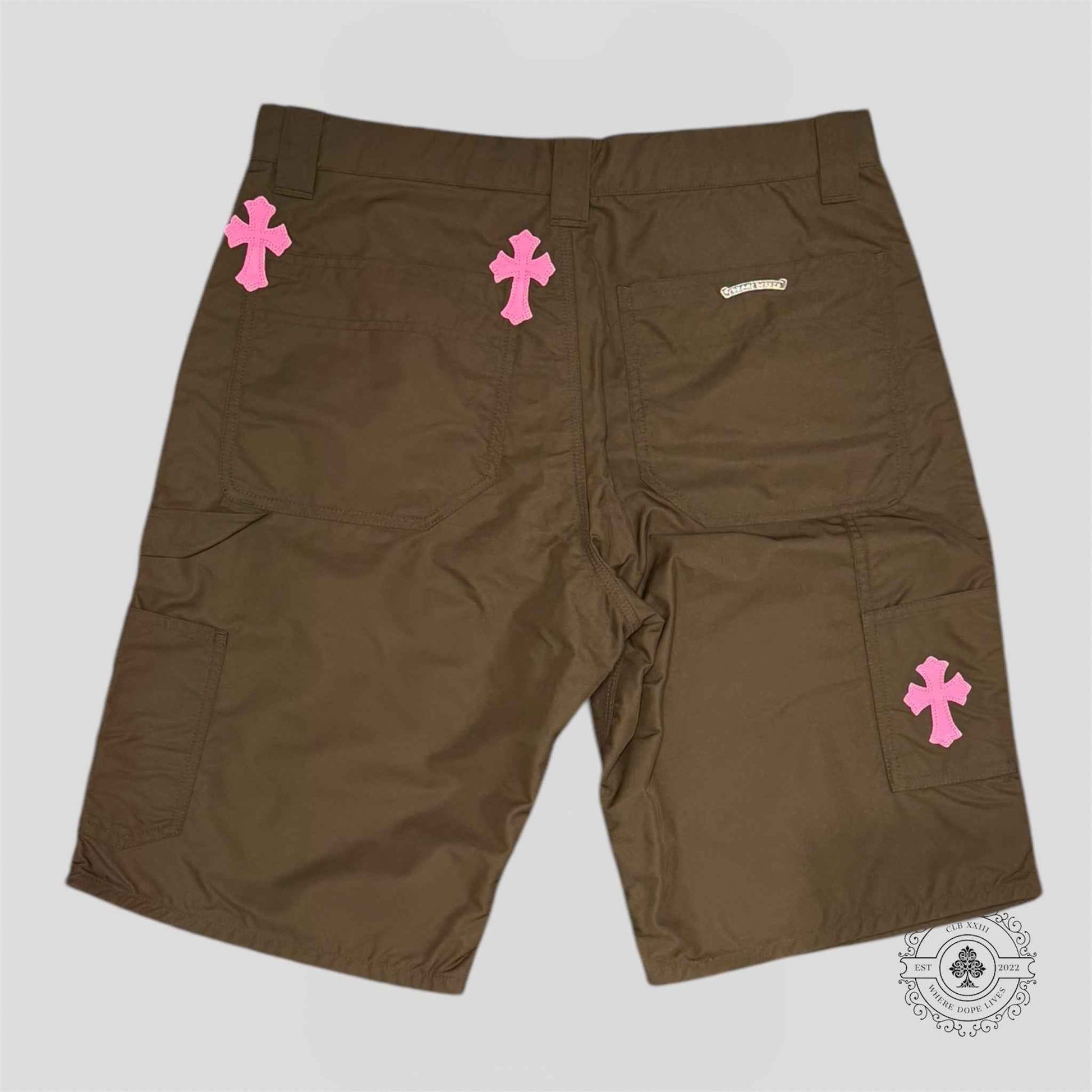 Chrome Hearts Leather Knee Nylon Shorts in Brown / Pink