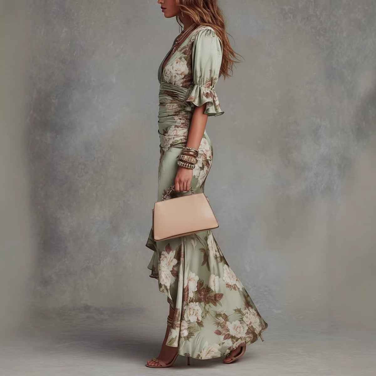 Elegant Long Dress with V-Neck, Fitted Silhouette, Floral Print and Ruffle Hem