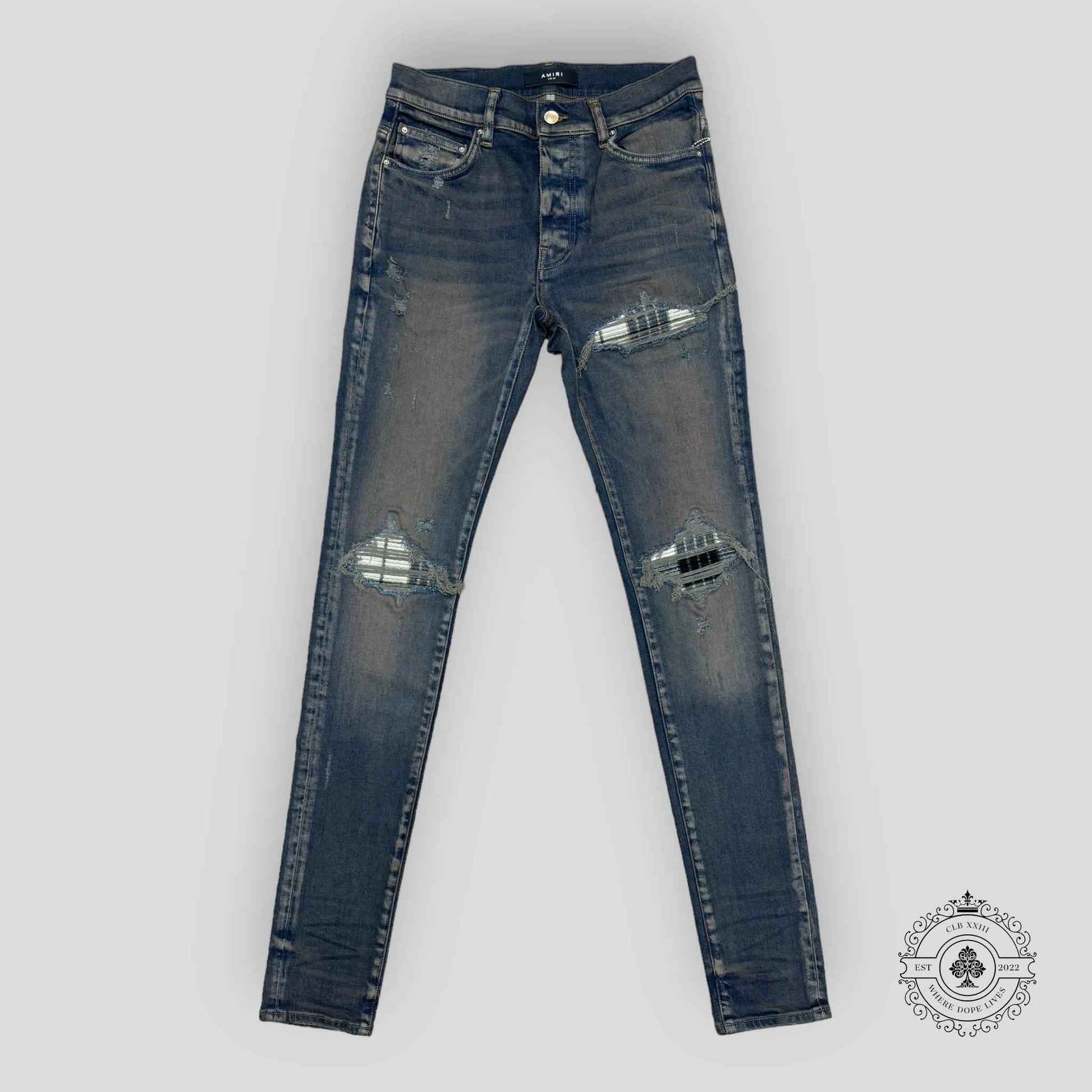 Amiri MX1 Plaid Patch Jeans in Dark Indigo