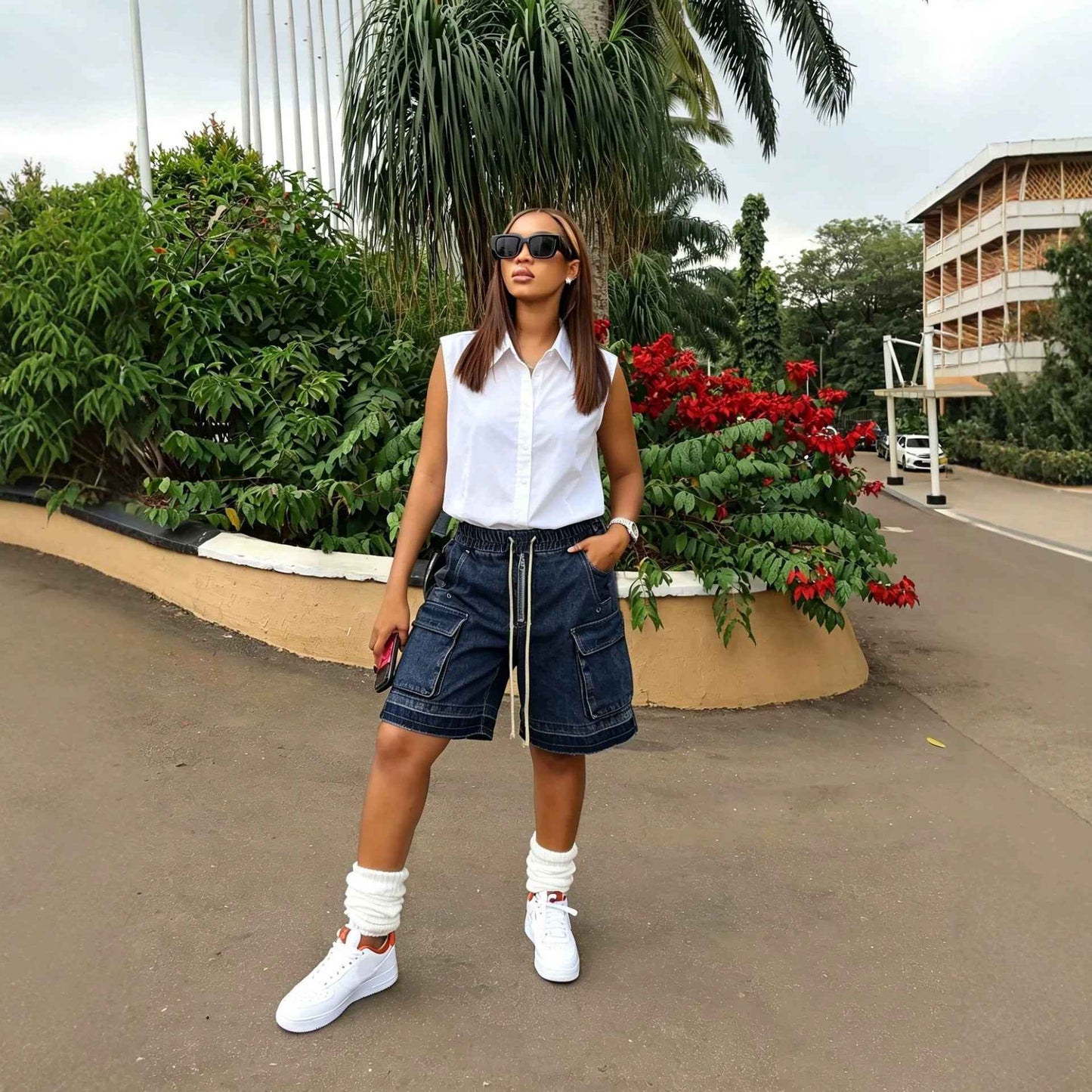 Washed Tie-Up Distressed Frayed Denim Shorts with Belt Loops