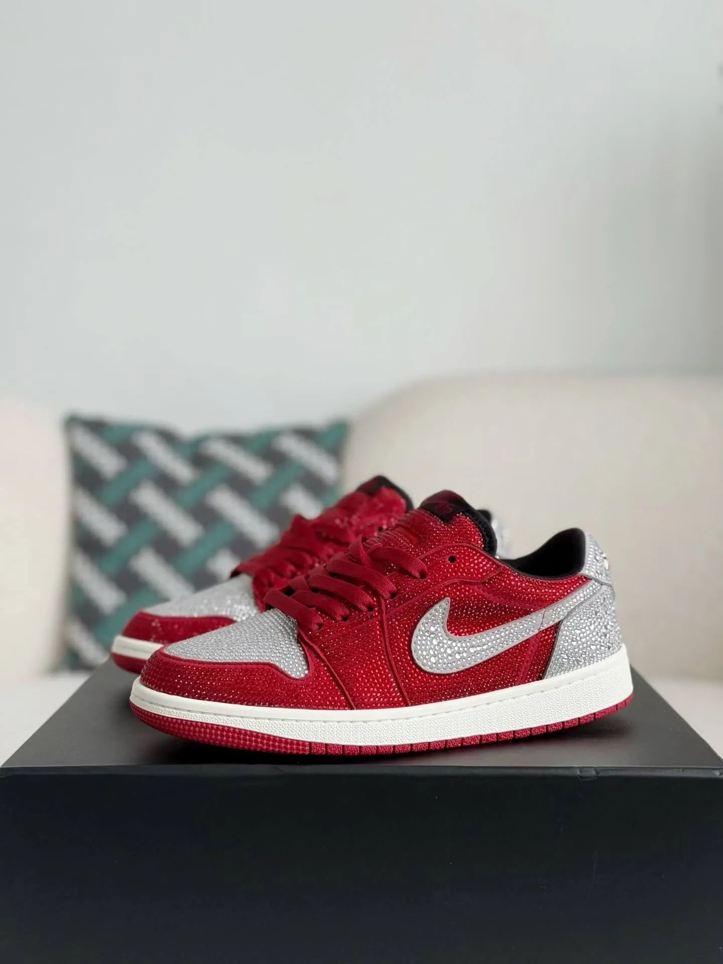 Air Jordan 1 Low “Crystal Red” Red & Silver Rhinestones