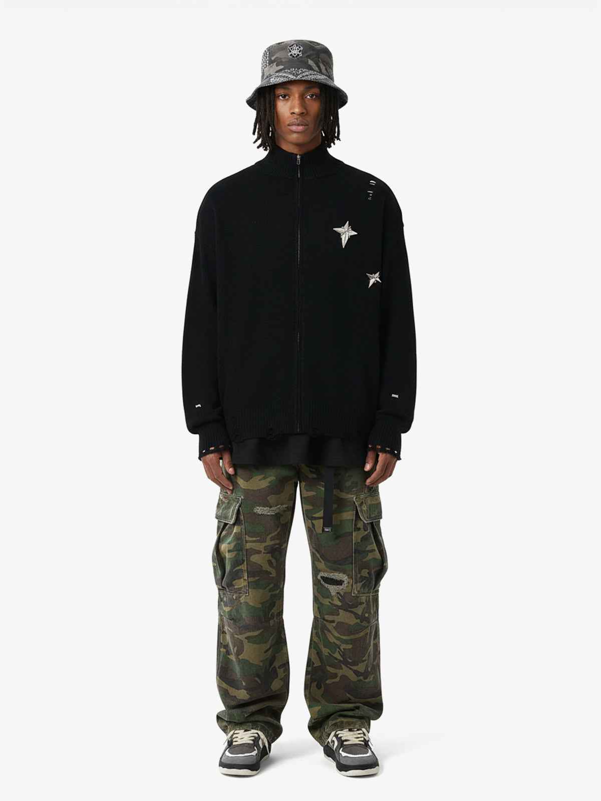 Woven Ripped Camouflage Flared Cargo Pants - 2410