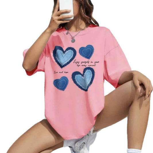 Love pattern round neck short sleeved loose top for women