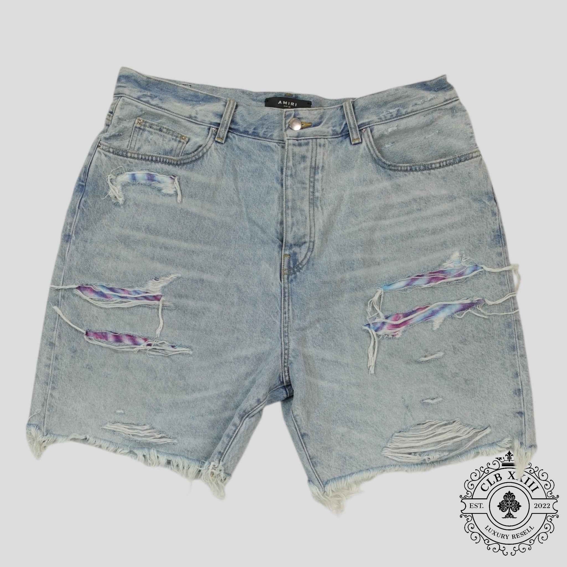 Amiri Tie Dye Thrasher Jean Shorts in Light Wash