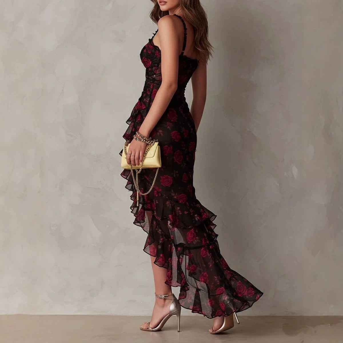 Style Floral Print Strap Irregular Ruffle Hem A-Line Dress