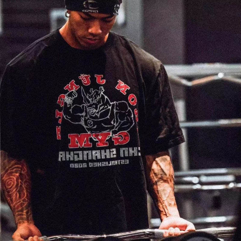 GYM destroys print crew neck T-shirt Plus size sport re