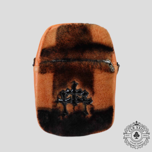 Chrome Hearts Triple Cross Patch Shearling Takka Bag in Orange/Black