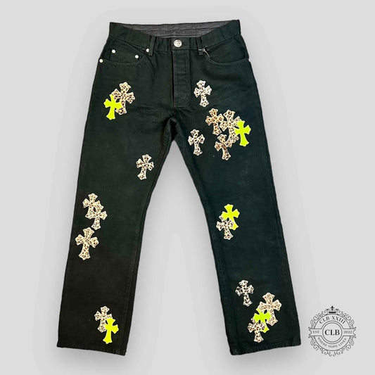 Chrome Hearts Cross Patch Denim Jeans in Black / Green