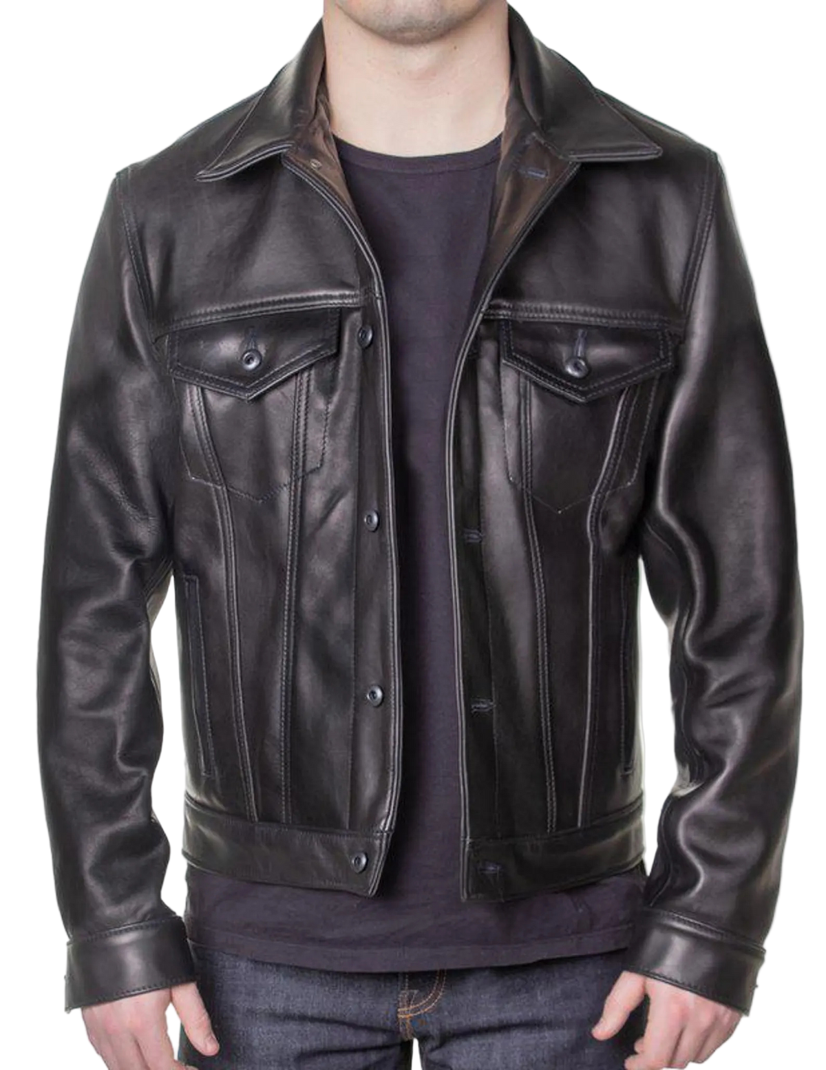 Men's Black Natural-Finish Cowhide Trucker Jacket