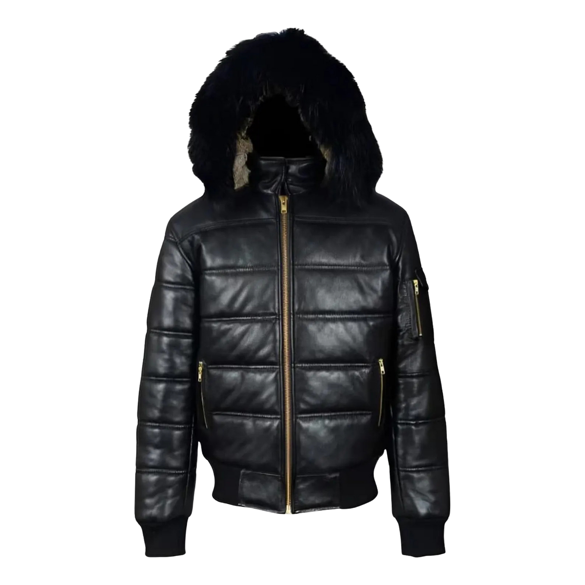 Men's Black Leather Puffer Jacket with Detachable Hood