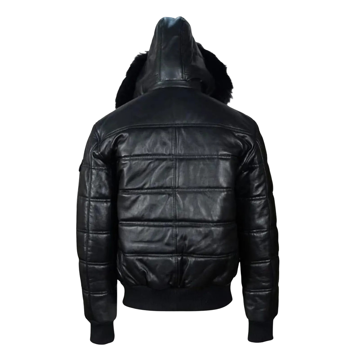 Men's Black Leather Puffer Jacket with Detachable Hood