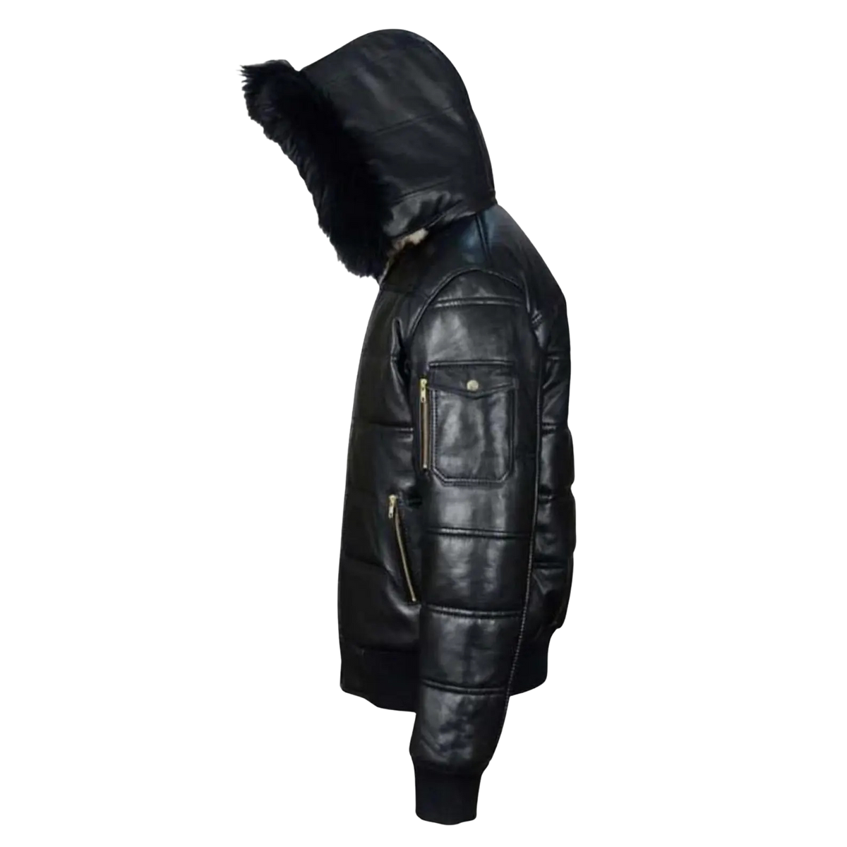 Men's Black Leather Puffer Jacket with Detachable Hood