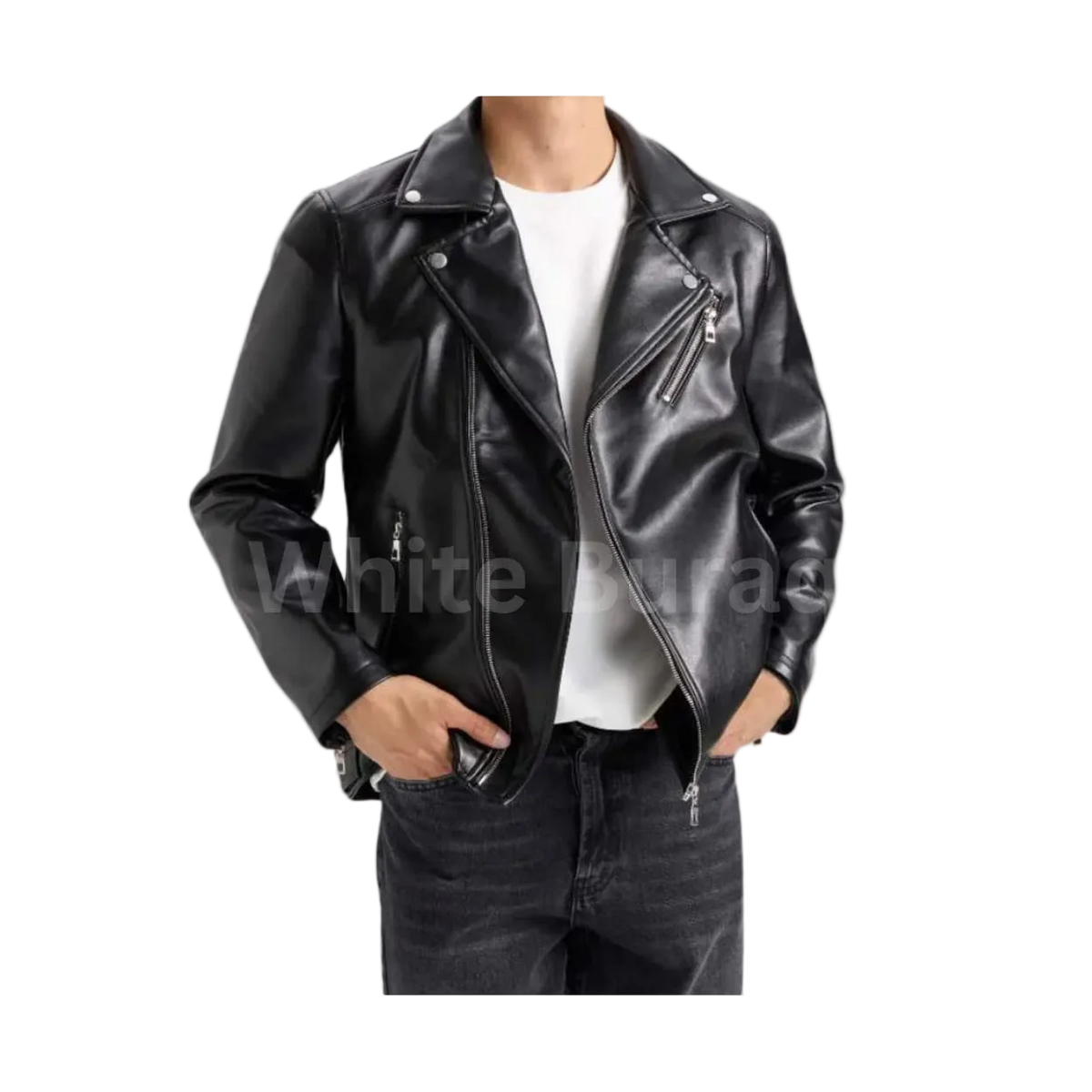 Men's Black Leather Biker Jacket with Polo Collar