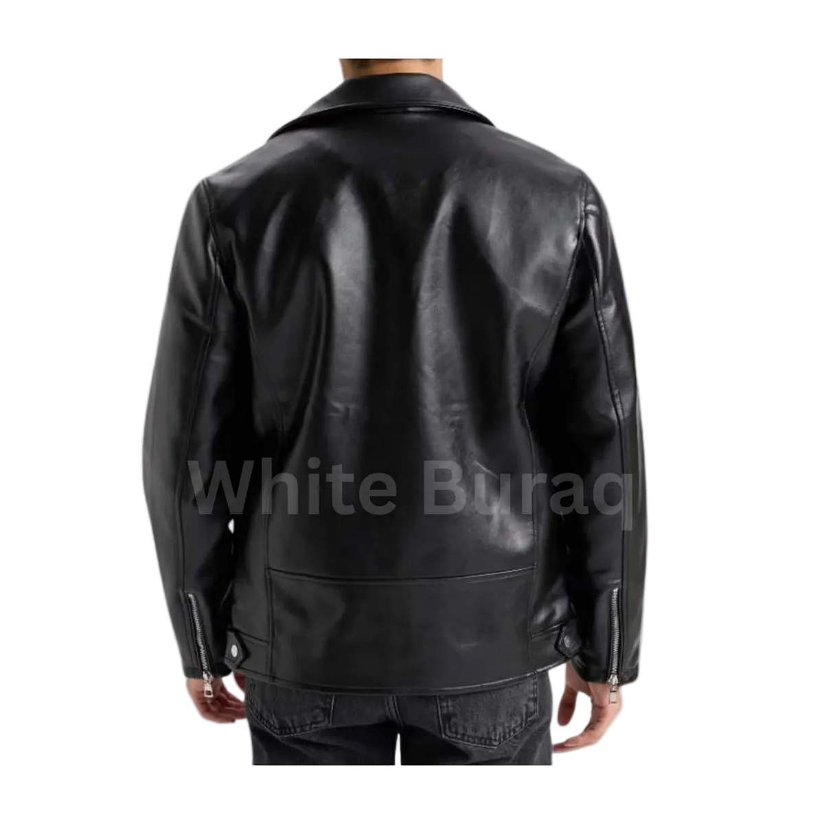 Men's Black Leather Biker Jacket with Polo Collar