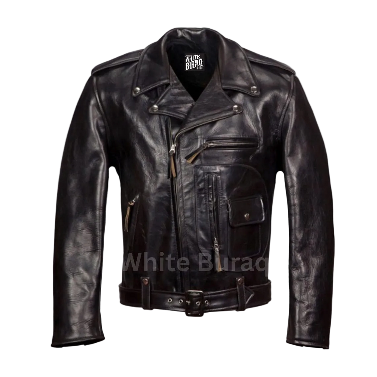 Men's Black Horsehide Belted Leather Jacket with Epaulettes