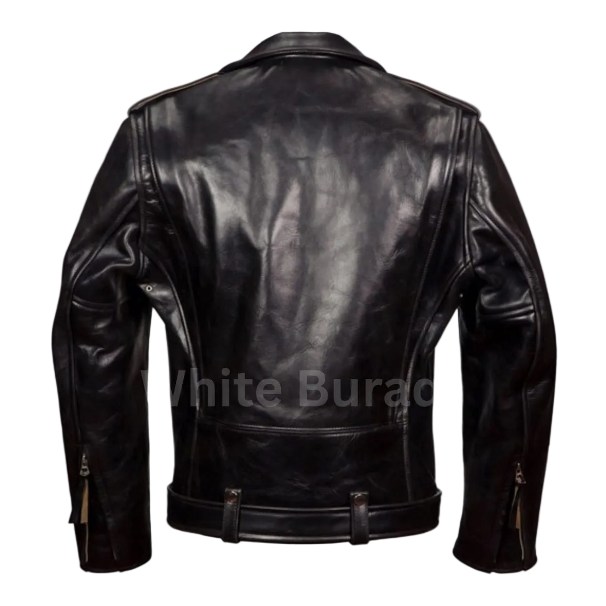 Men's Black Horsehide Belted Leather Jacket with Epaulettes