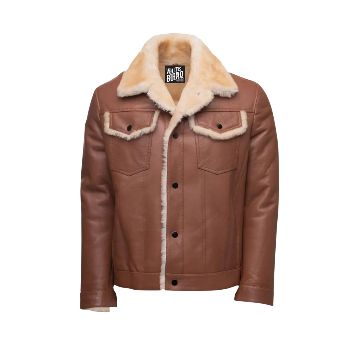 Men's Distressed Brown Lambskin Trucker Jacket with Shearling Collar