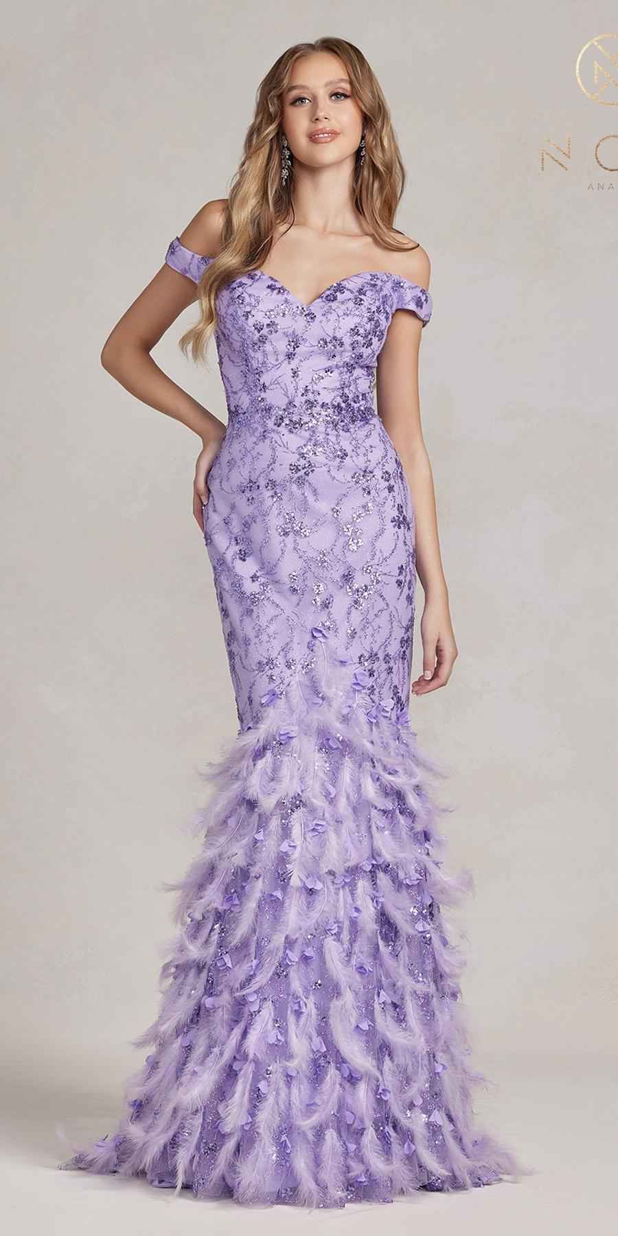 Nox Anabel C1106 Long Mermaid Off the Shoulder Gown with Feathers