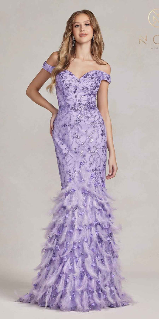Nox Anabel C1106 Long Mermaid Off the Shoulder Gown with Feathers