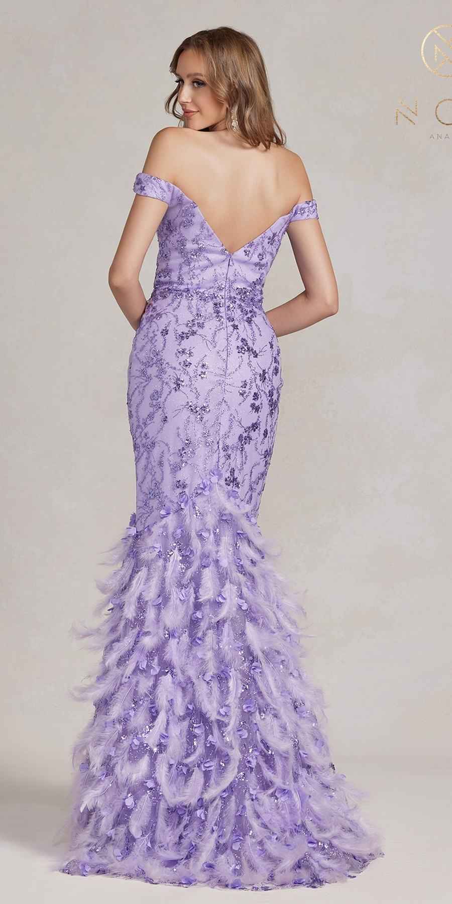 Nox Anabel C1106 Long Mermaid Off the Shoulder Gown with Feathers