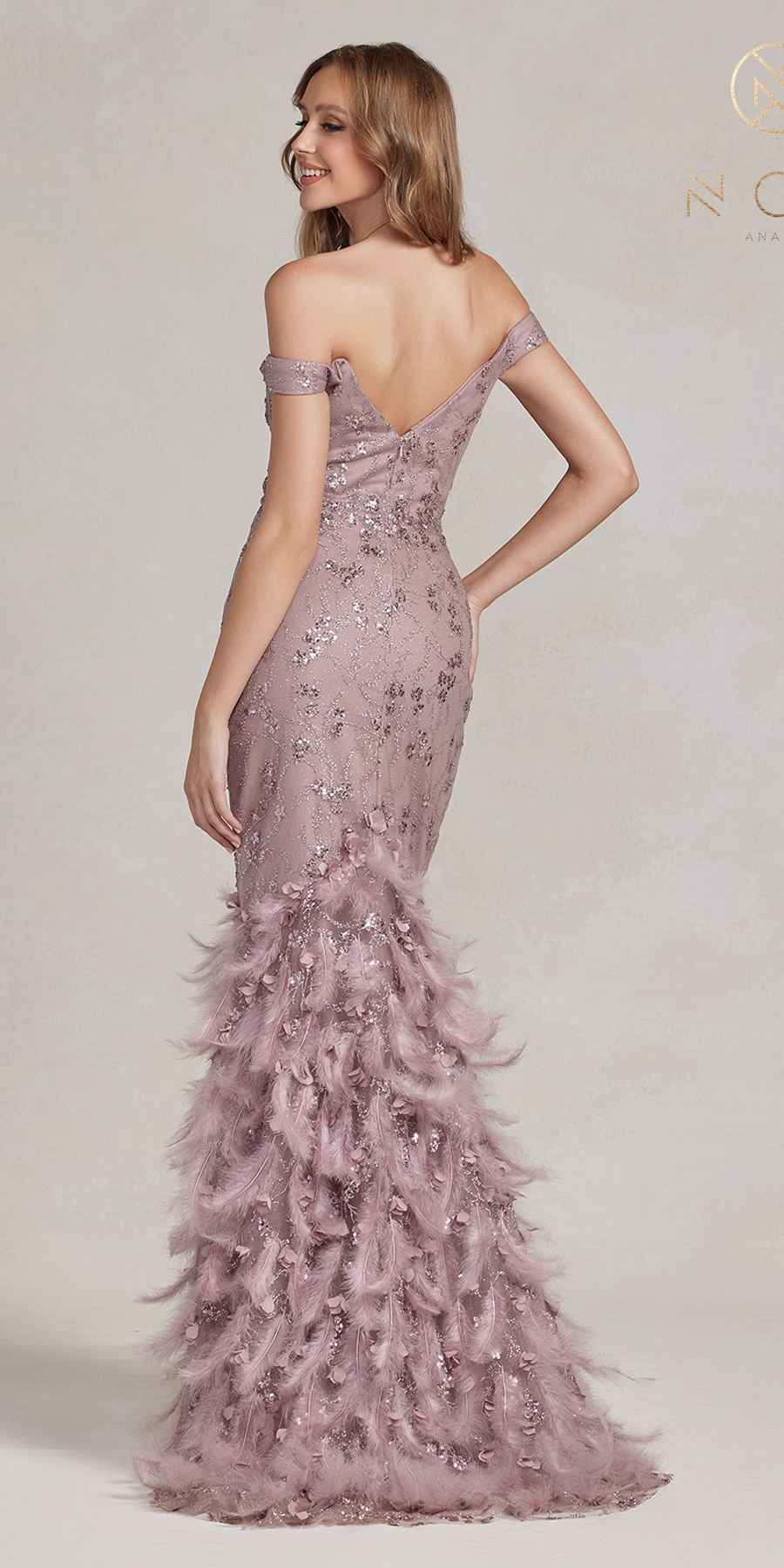 Nox Anabel C1106 Long Mermaid Off the Shoulder Gown with Feathers