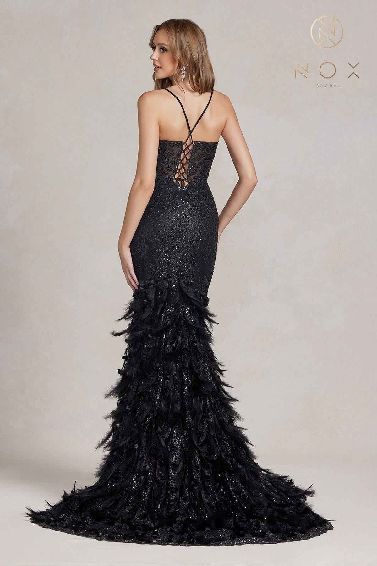 Nox Anabel C1111 Glitter Feather Skirt Mermaid Gown