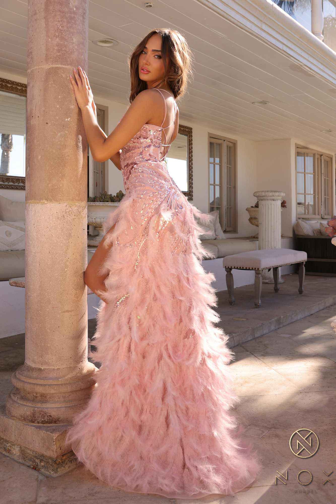 Nox Anabel C1413 Long Sequin Embroidered Applique Fitted Feather Gown