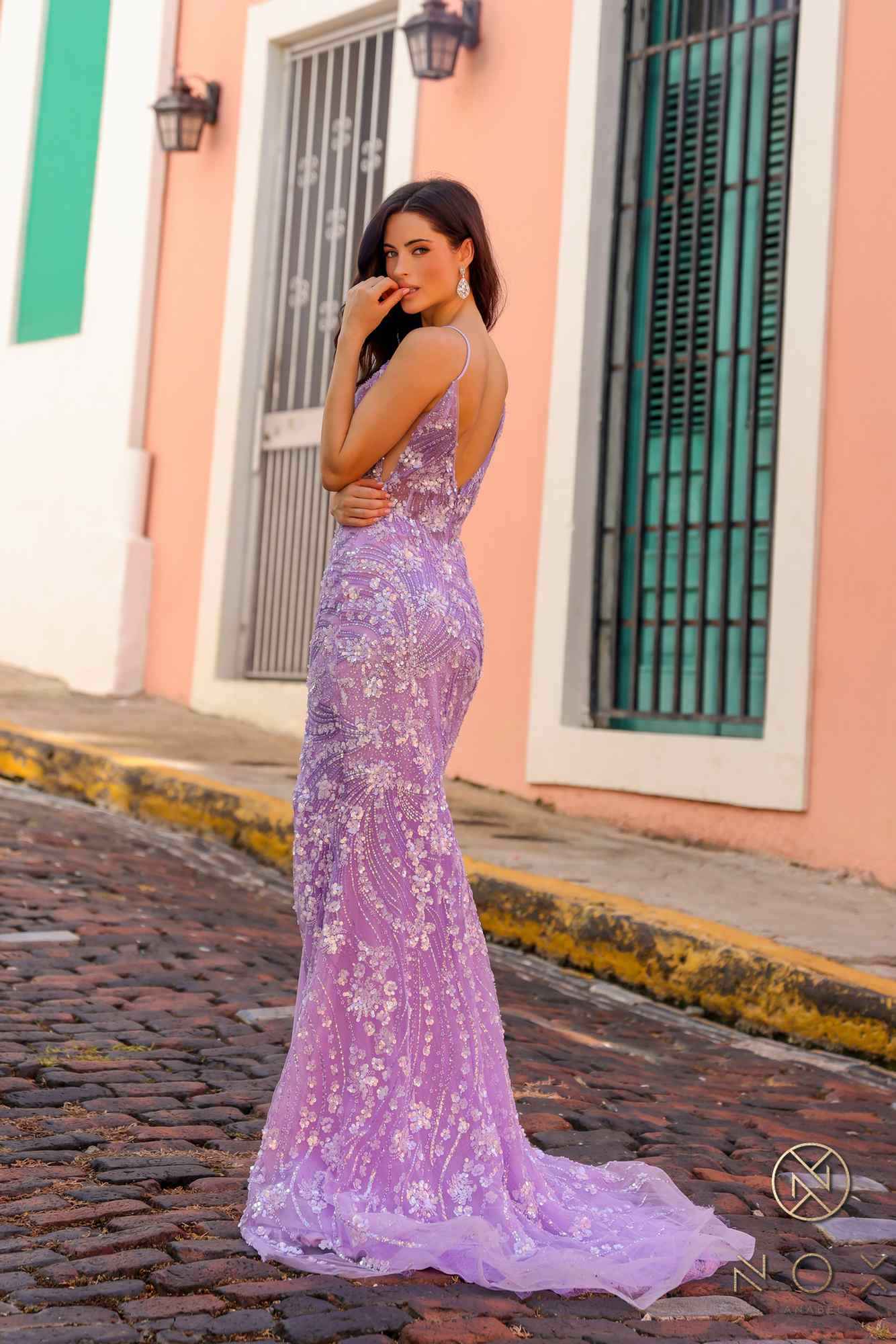 Nox Anabel C1458 Long Floral Sequin Corset Bodice Fitted Dress
