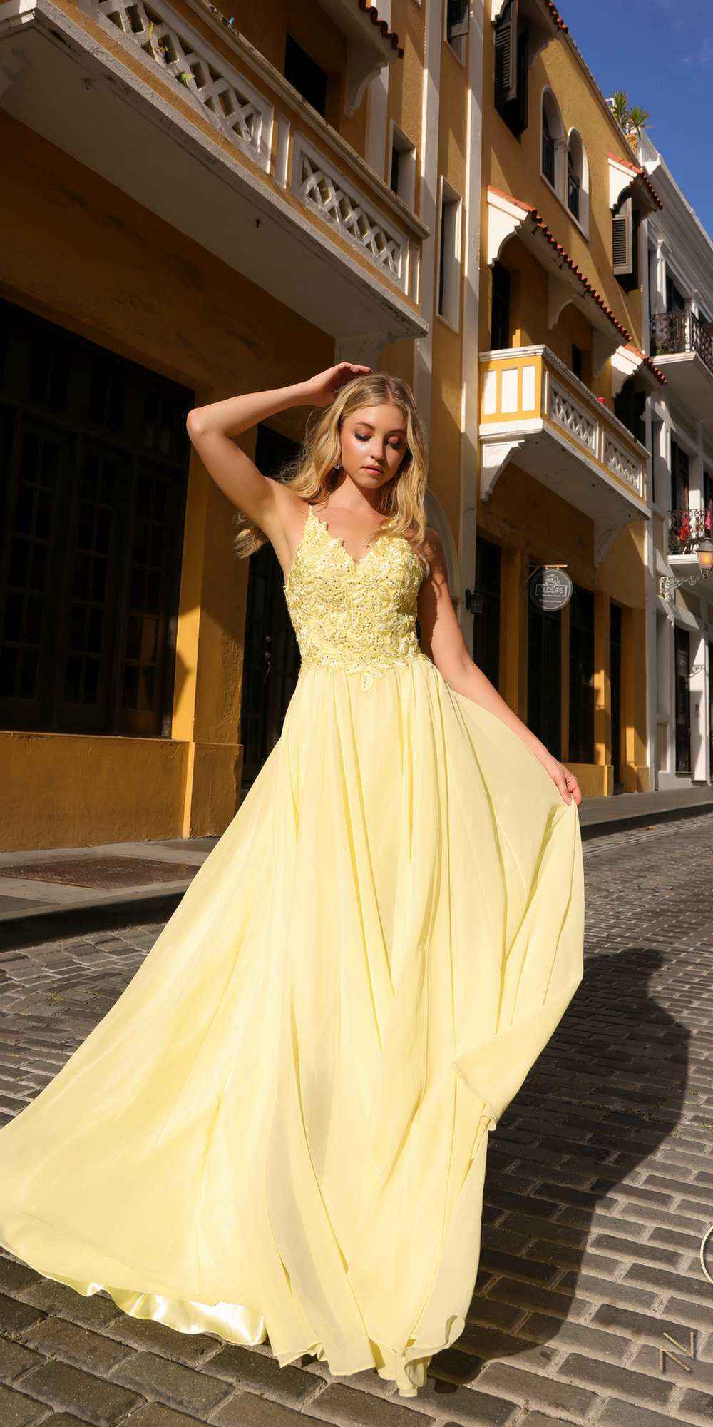 Nox Anabel C1462 Long A-Line Flowy Chiffon Embroidered Lace Dress